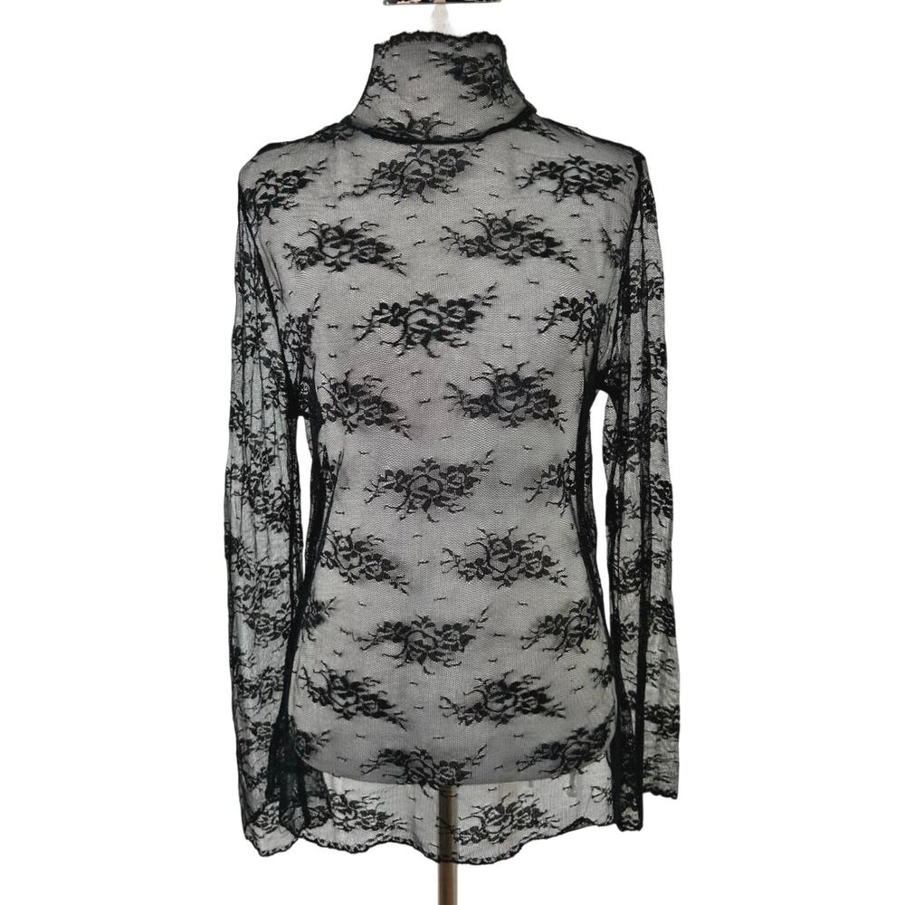 The Limited Black Sheer Floral Lace Top M Mock Neck 90s Y2K Made USA Goth